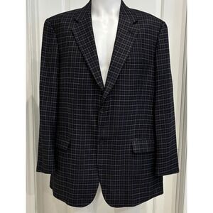 BACHRACH Silk Bamboo Sport Coat Mens 44R Navy Check Plaid Blazer Double Vented